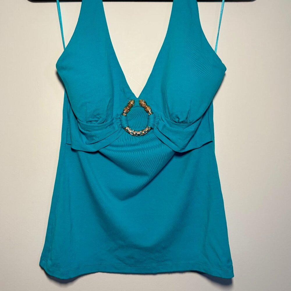 Cache Teal Embellished Top | Built-in Cups | Size Small | Vintage-Inspired